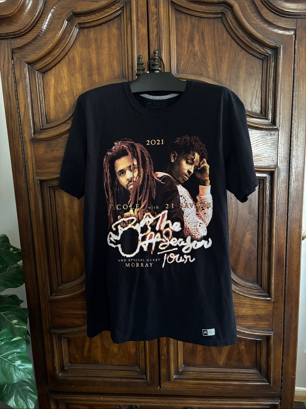 Russell Athletic black cotton tee with J. Cole and 21 Savage tour Tshirt